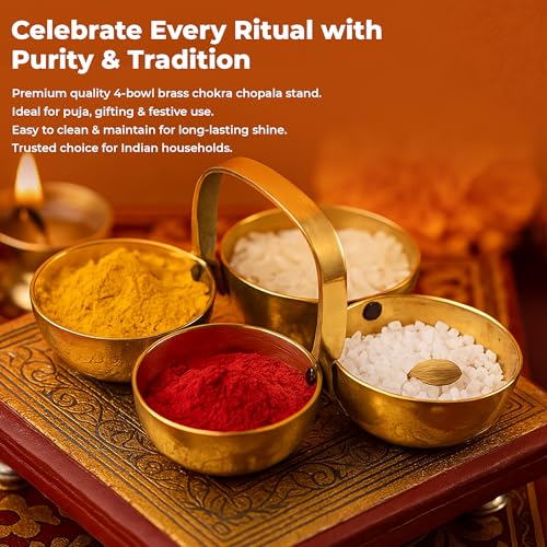 COPRASIA Brass Chokra Chopala Bowl Stand | Traditional 4 Bowl Brass Pooja Thali Set for Haldi, Kumkum, Roli, Rice, Mishri, Elaichi | Indian Festival & Puja Accessory - Image 5
