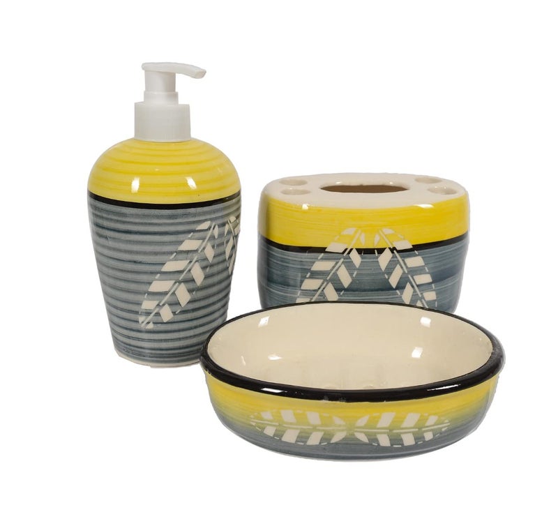 Skywalk Hand Painted Ceramic Bathroom Set of 3 Pcs - Liquid Soap Dispenser, Soap Dish and Brush Holder for Bathroom Décor and Home Gift Set