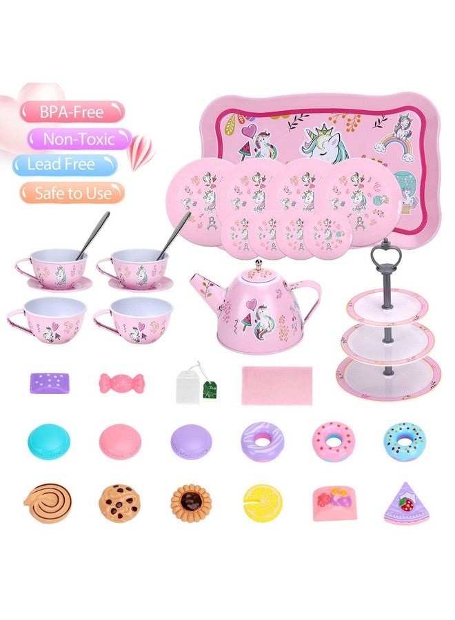 أوني 36 قطعة من ألعاب مجموعة الشاي للفتيات، لعبة حفلة شاي القصدير للعب التظاهري للفتيات الصغيرات، والأطفال الصغار الحقيقيين لوقت الشاي مع أكياس فلتر الشاي وشرائح الليمون (لعبة يونيكورن) - Image 2