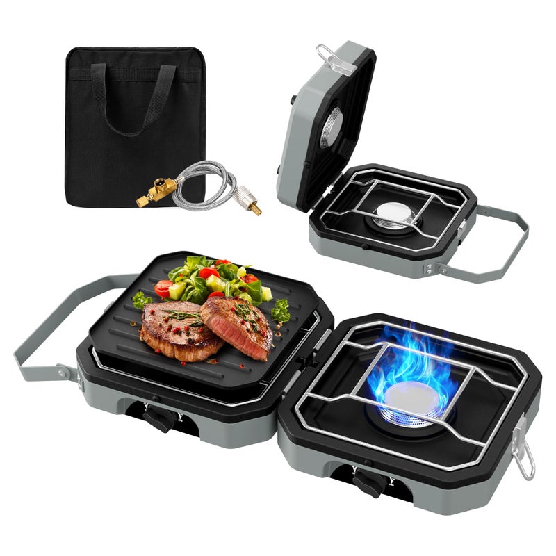 Snidomn Camping Stove Portable Propane Camp Stove with Independently Adjustable Heat & 2 Burners, Foldable Gas Stove with Carry Bag for Outdoor Cooking,Tailgating & Backyard Gatheringï¼ˆGrayï¼‰ - Image 1