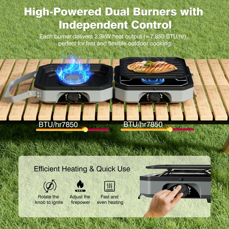 Snidomn Camping Stove Portable Propane Camp Stove with Independently Adjustable Heat & 2 Burners, Foldable Gas Stove with Carry Bag for Outdoor Cooking,Tailgating & Backyard Gatheringï¼ˆGrayï¼‰ - Image 2