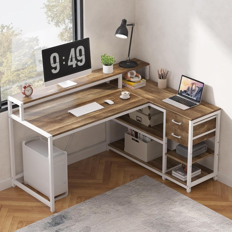 Tribesigns L Shaped Desk with Drawers and Storage Shelves, Corner Home Office Desk with Monitor Stand, 140CM x 60CM Desktop Computer Table, Gaming Study for Small Space (Oak) - Image 1