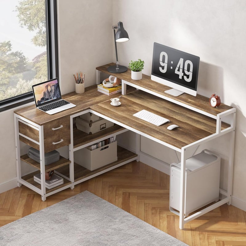 Tribesigns L Shaped Desk with Drawers and Storage Shelves, Corner Home Office Desk with Monitor Stand, 140CM x 60CM Desktop Computer Table, Gaming Study for Small Space (Oak) - Image 3