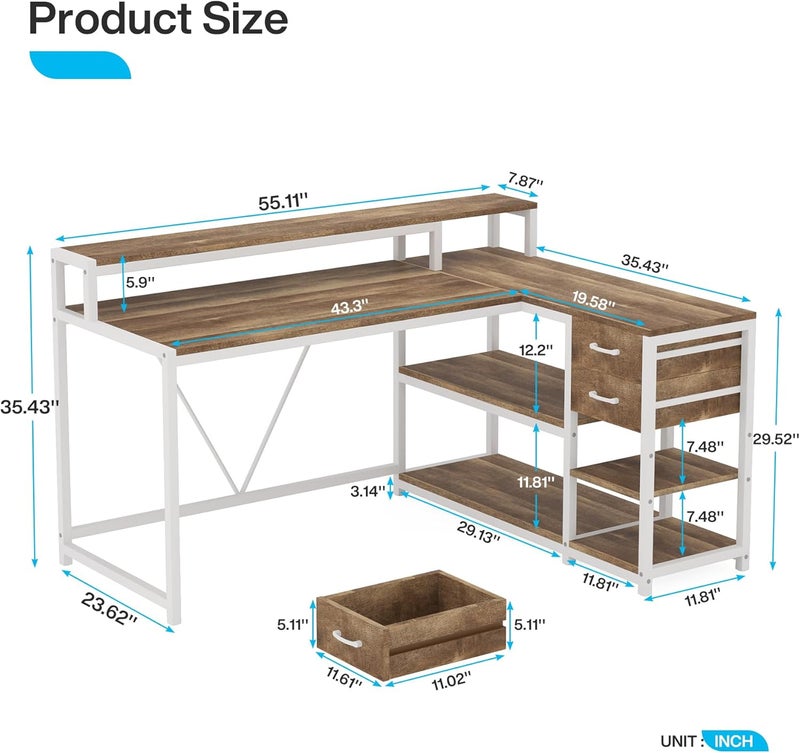 Tribesigns L Shaped Desk with Drawers and Storage Shelves, Corner Home Office Desk with Monitor Stand, 140CM x 60CM Desktop Computer Table, Gaming Study for Small Space (Oak) - Image 2