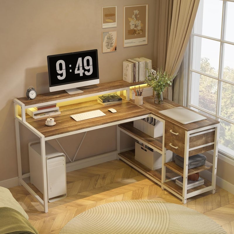 Tribesigns L Shaped Desk with Drawers and Storage Shelves, Corner Home Office Desk with Monitor Stand, 140CM x 60CM Desktop Computer Table, Gaming Study for Small Space (Oak) - Image 4