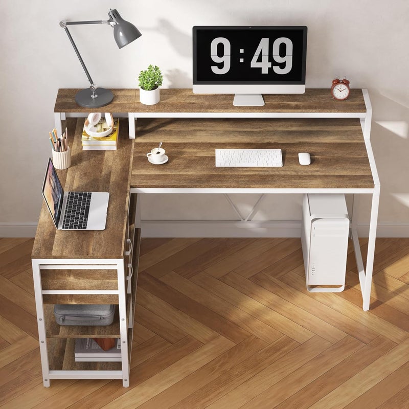 Tribesigns L Shaped Desk with Drawers and Storage Shelves, Corner Home Office Desk with Monitor Stand, 140CM x 60CM Desktop Computer Table, Gaming Study for Small Space (Oak) - Image 5