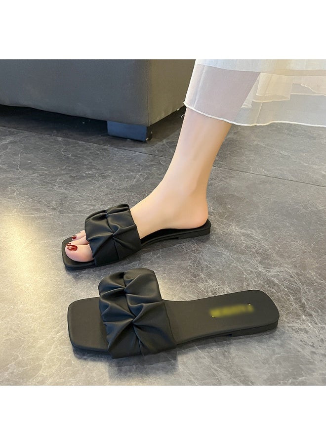 صندل نسائي مسطح بتصميم كوري جديد للأنشطة الخارجية بحزام واحد ومكشكش ومقاس كبير