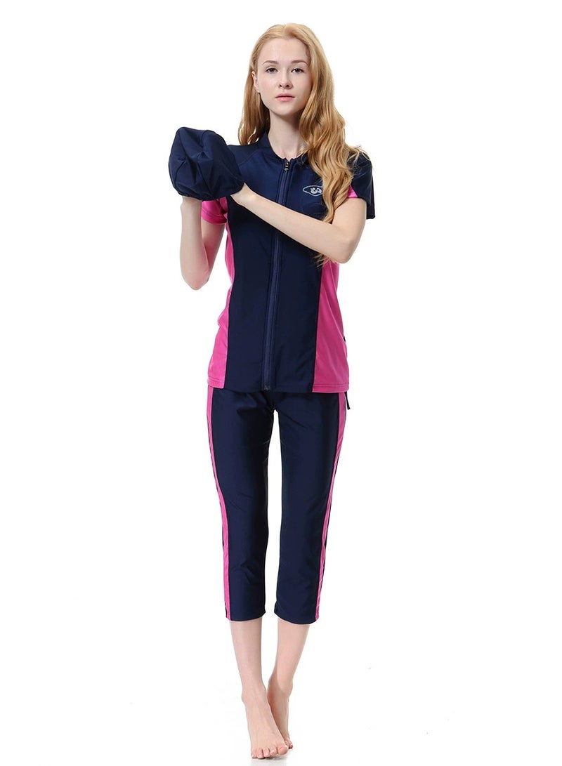 3-Piece Burkini Muslim Conservative Islamic  Swimwear Set Navy Blue/Pink - Image 2