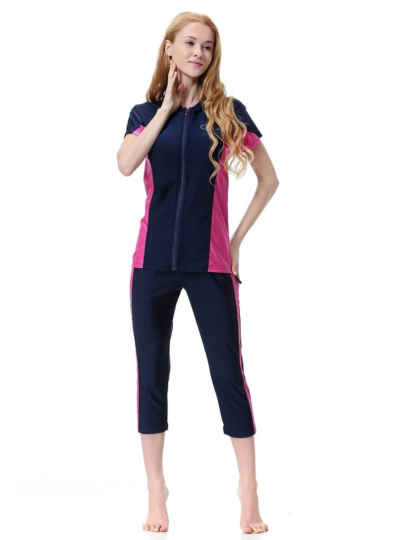 3-Piece Burkini Muslim Conservative Islamic  Swimwear Set Navy Blue/Pink - Image 4