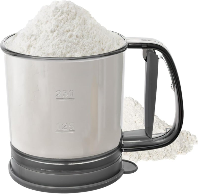 Flour Sifter, 3 Cup Capacity Double Layer Fine Mesh Baking Sifter, Plastic Flour Sifter for Baking, One Hand Press Crank Sifter for Cooking Baking Kitchen