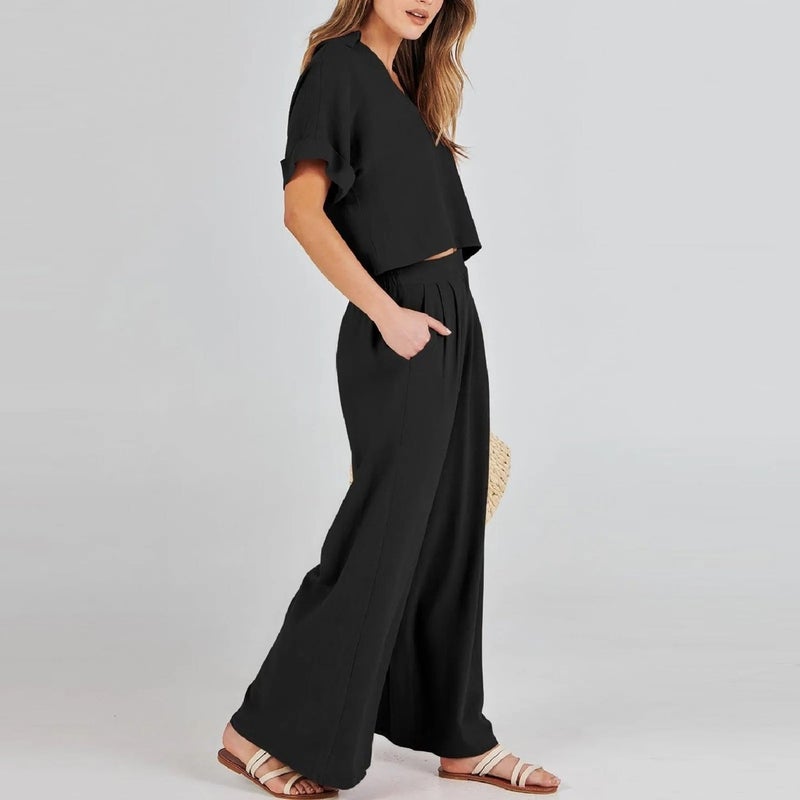 Barbora Elegant Women's T-Shirt and Long Pants Top and Bottom Two Piece Set V Neck Short Sleeve Casual Casual Dress LN27BLACK - Image 3