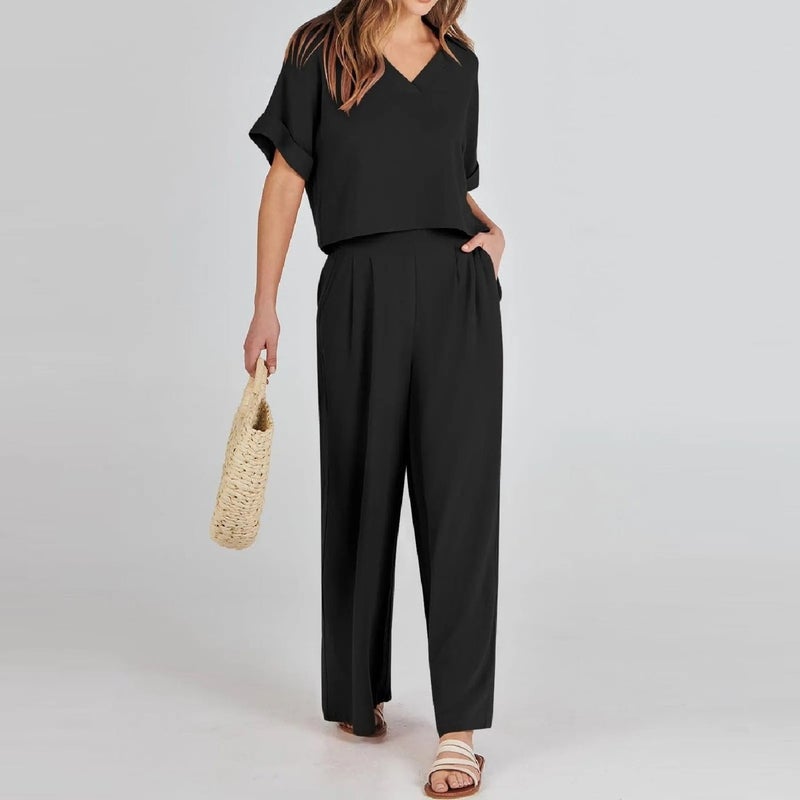 Barbora Elegant Women's T-Shirt and Long Pants Top and Bottom Two Piece Set V Neck Short Sleeve Casual Casual Dress LN27BLACK - Image 1