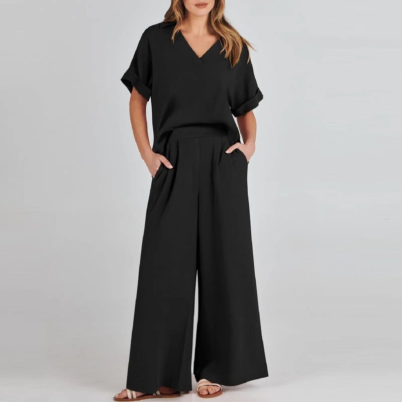 Barbora Elegant Women's T-Shirt and Long Pants Top and Bottom Two Piece Set V Neck Short Sleeve Casual Casual Dress LN27BLACK - Image 2