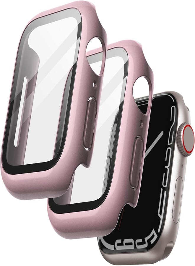 Next Next Store 2 Pack Case with Screen Protector Compatible with iWatch Series 9/8/7 45mm, All-Around Protective Cover, Built-in High Sensitivity Tempered Glass Film (Rose Gold)