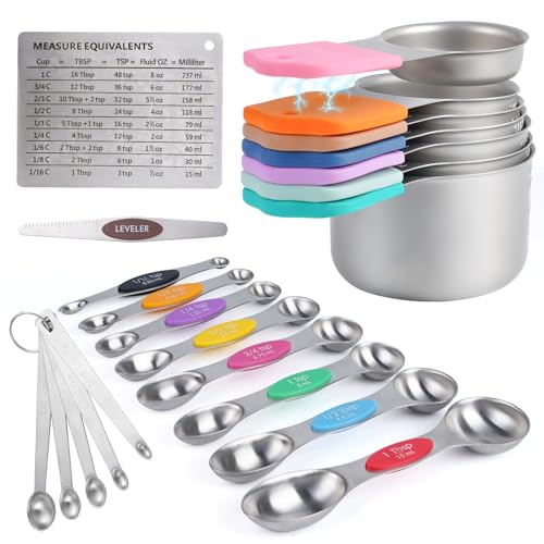 YAKUHY 22Piece Measuring Cups and Spoons Set 304 Stainless Steel for MINI Measuring Spoons with Leveler Measurement Conversion Chart Fridge Magnet for Measure Dry Liquid Ingredients - Image 1