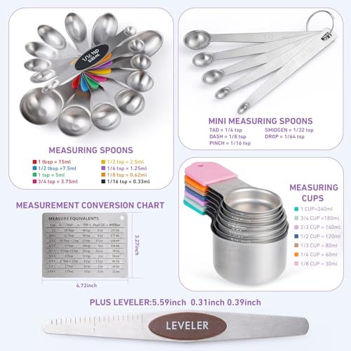YAKUHY 22Piece Measuring Cups and Spoons Set 304 Stainless Steel for MINI Measuring Spoons with Leveler Measurement Conversion Chart Fridge Magnet for Measure Dry Liquid Ingredients - Image 3