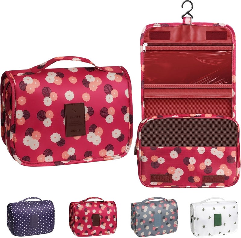 YEMEDA Toiletry Bag Travel Bag with Hanging Hook, Waterproof Capacity Hanging Multifunctional Makeup Bag for Toiletries, Portable Cosmetic Bag Travel Organizer for Women and Men(Wine Red FLower) - Image 1