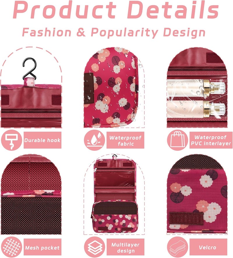 YEMEDA Toiletry Bag Travel Bag with Hanging Hook, Waterproof Capacity Hanging Multifunctional Makeup Bag for Toiletries, Portable Cosmetic Bag Travel Organizer for Women and Men(Wine Red FLower) - Image 3