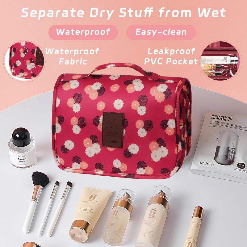 YEMEDA Toiletry Bag Travel Bag with Hanging Hook, Waterproof Capacity Hanging Multifunctional Makeup Bag for Toiletries, Portable Cosmetic Bag Travel Organizer for Women and Men(Wine Red FLower) - Image 5