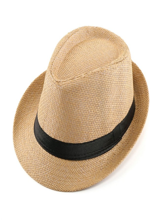 FALETO Unisex Summer Panama Straw Fedora Hat Short Brim Beach Sun Cap Classic (#01 Khaki) - Image 1