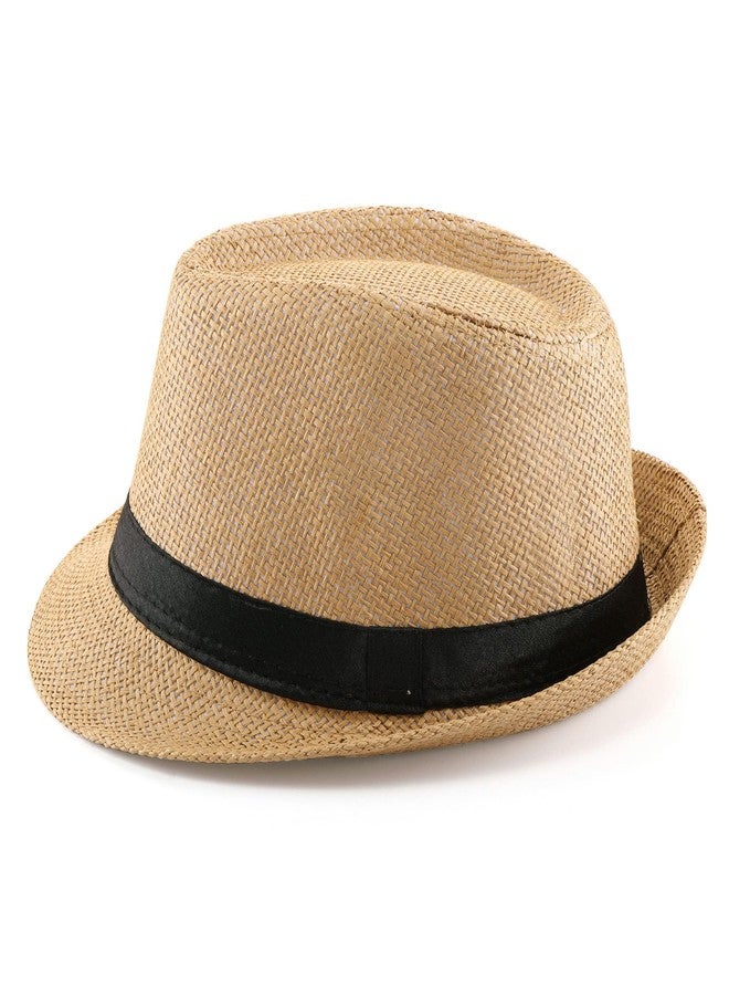 FALETO Unisex Summer Panama Straw Fedora Hat Short Brim Beach Sun Cap Classic (#01 Khaki) - Image 2