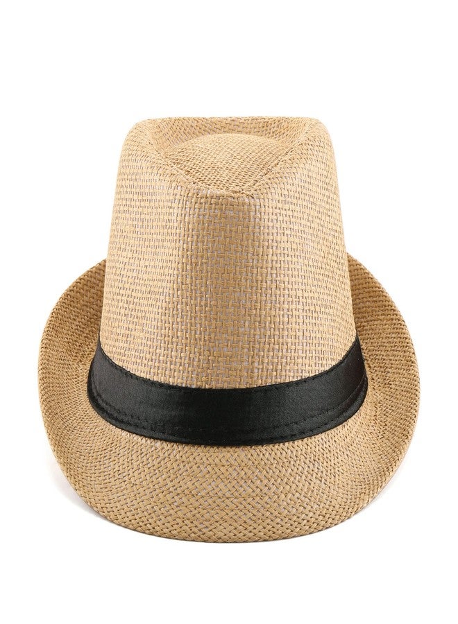 FALETO Unisex Summer Panama Straw Fedora Hat Short Brim Beach Sun Cap Classic (#01 Khaki) - Image 3
