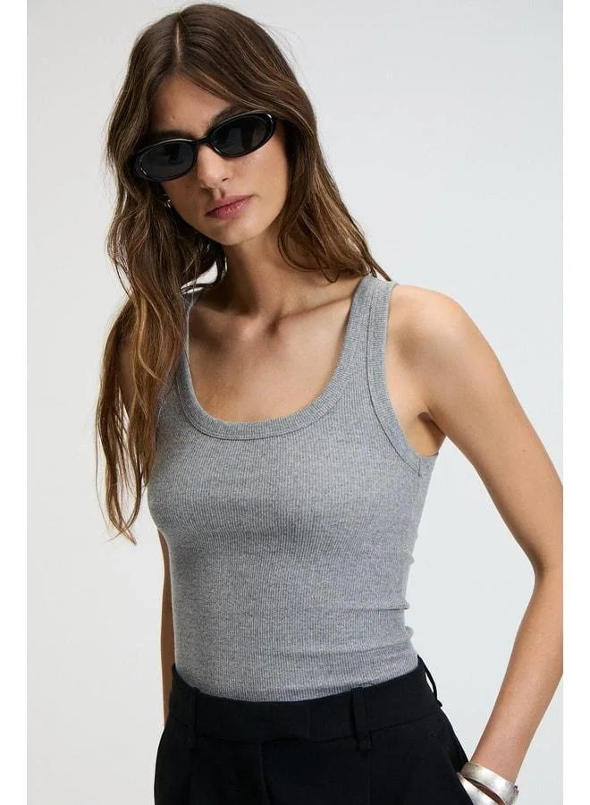 Ethiquet LILLESOL Women's Ribbed Look Slim Fit Body-Hugging Pool Collar Cotton Basic Anthracite Blouse Tank Top.
