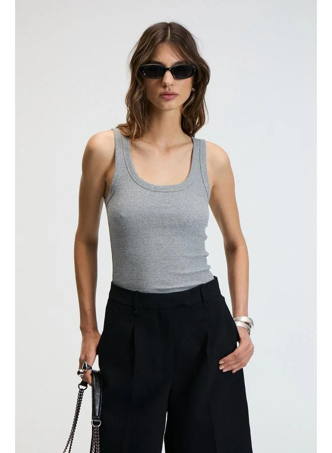 Ethiquet LILLESOL Women's Ribbed Look Slim Fit Body-Hugging Pool Collar Cotton Basic Anthracite Blouse Tank Top.