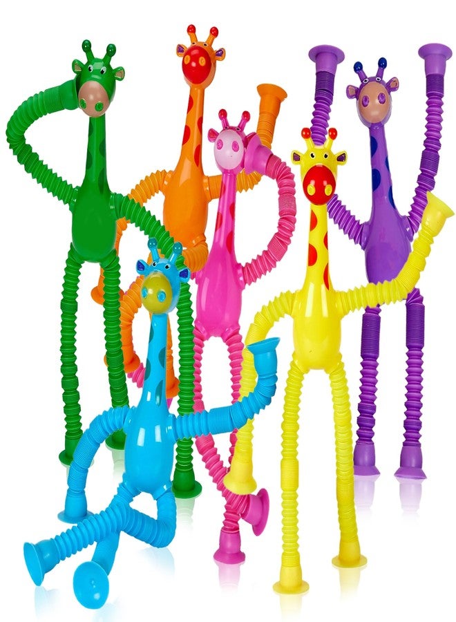 Playbees Telescopic Suction Cup Giraffe Toys for Toddler Restaurant Dinner Table Activities, Stretchy Animal Pop Tubes with LED Lights, Telescopic Sensory Toys for Kids with Autism Anxiety Ages 3 4 5 | 6 Pack - Image 1