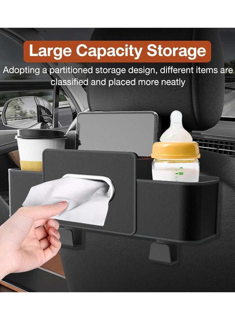 Car Tissue Holder PU Leather, Black Car Organizer with Cup Holder, Car Seat Back Storage Bag with Hooks, Car Tissue Box with Phone Holder, Multifunctional Car Organizer for Most Vehicles - Image 3
