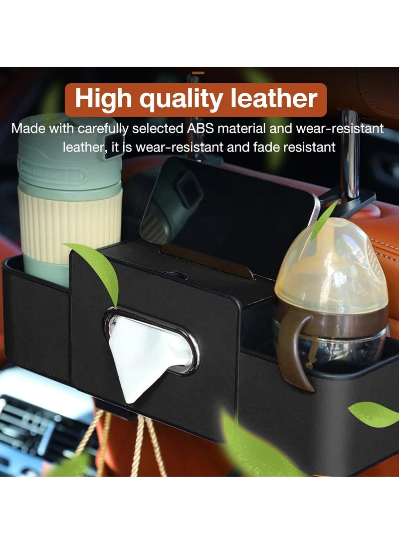 Car Tissue Holder PU Leather, Black Car Organizer with Cup Holder, Car Seat Back Storage Bag with Hooks, Car Tissue Box with Phone Holder, Multifunctional Car Organizer for Most Vehicles - Image 5