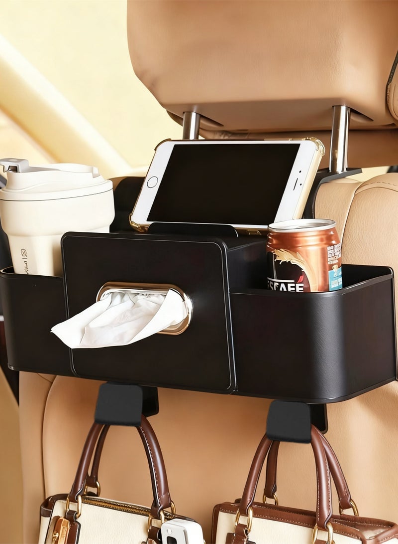 Car Tissue Holder PU Leather, Black Car Organizer with Cup Holder, Car Seat Back Storage Bag with Hooks, Car Tissue Box with Phone Holder, Multifunctional Car Organizer for Most Vehicles - Image 1