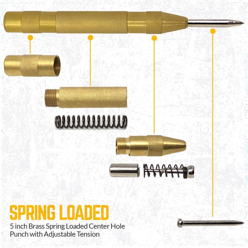 SANDOR Automatic Center Punch - 5 inch Brass Spring Loaded Center Hole Punch with Adjustable Tension, Hand Tool for Metal or Wood - Pack of 2 - Image 5