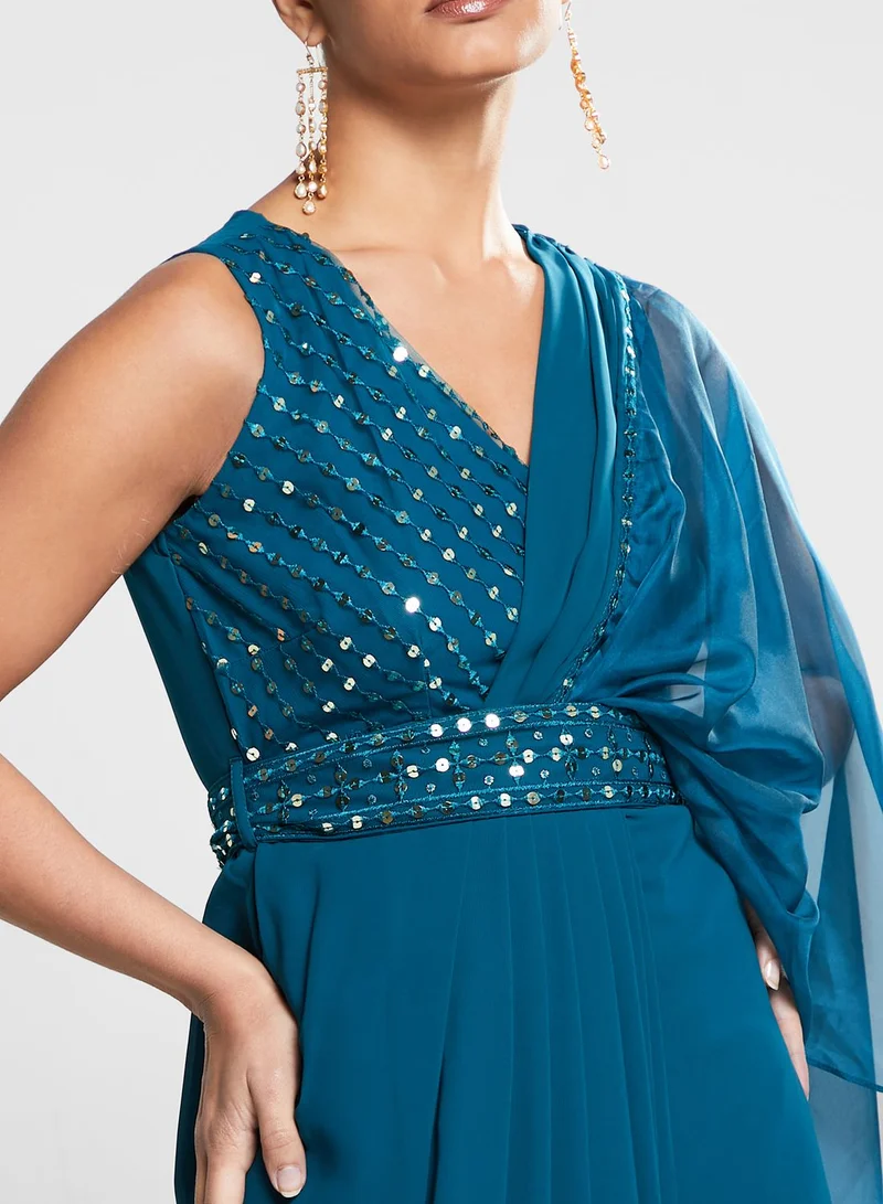 indya Embellished Plunge Neck Saree