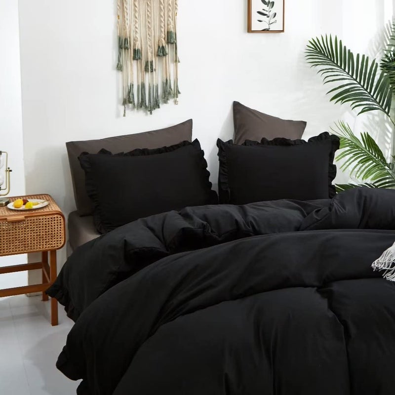 CLOTHKNOW Black Ruffles Comforter Set Full 3Pcs Black Bedding Comforter Sets Shabby Chic Comforter Full Farmhouse Black Full Size Comforter Sets - Image 2