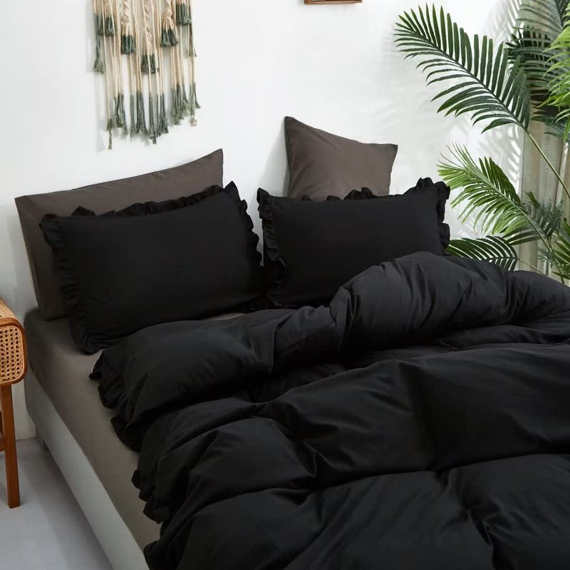 CLOTHKNOW Black Ruffles Comforter Set Full 3Pcs Black Bedding Comforter Sets Shabby Chic Comforter Full Farmhouse Black Full Size Comforter Sets - Image 5