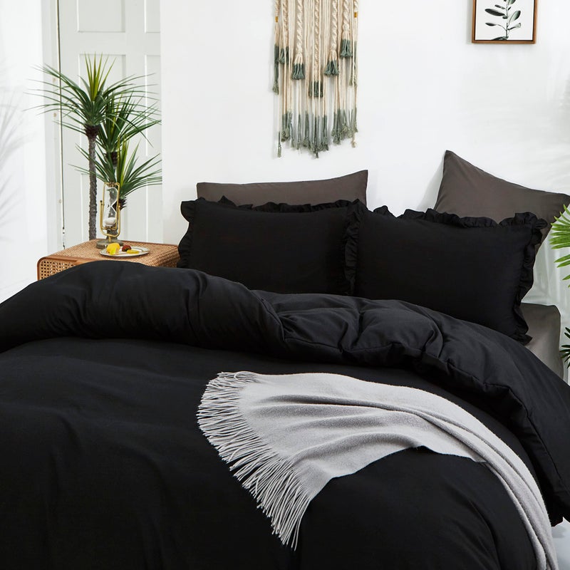 CLOTHKNOW Black Ruffles Comforter Set Full 3Pcs Black Bedding Comforter Sets Shabby Chic Comforter Full Farmhouse Black Full Size Comforter Sets - Image 3
