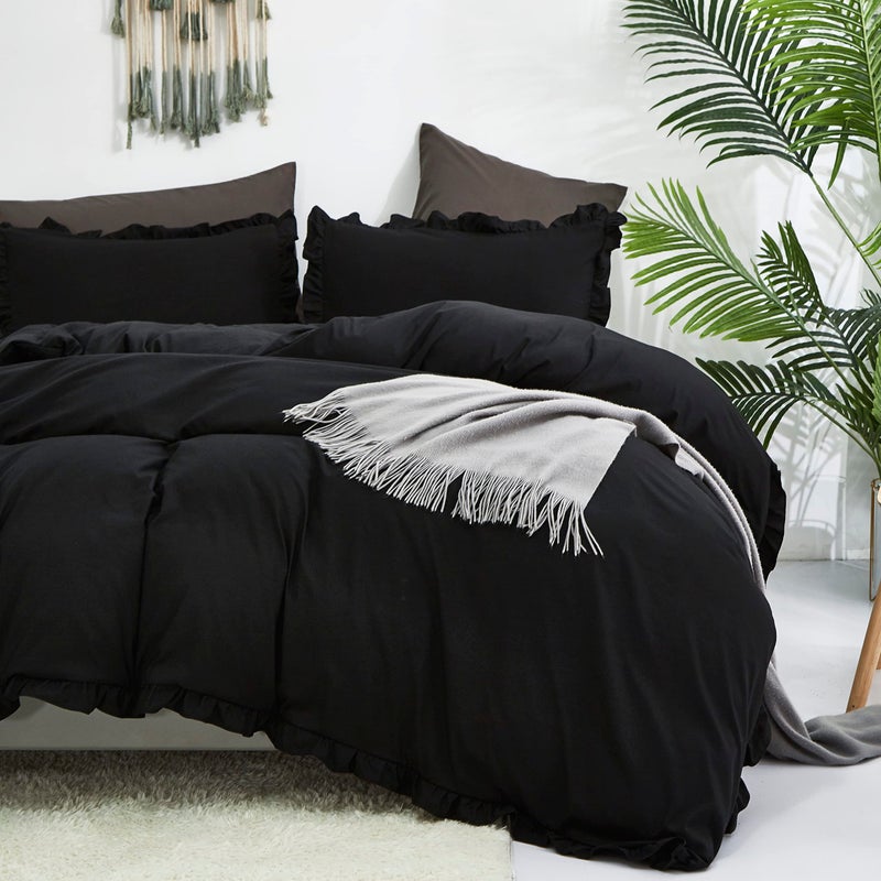 CLOTHKNOW Black Ruffles Comforter Set Full 3Pcs Black Bedding Comforter Sets Shabby Chic Comforter Full Farmhouse Black Full Size Comforter Sets - Image 4