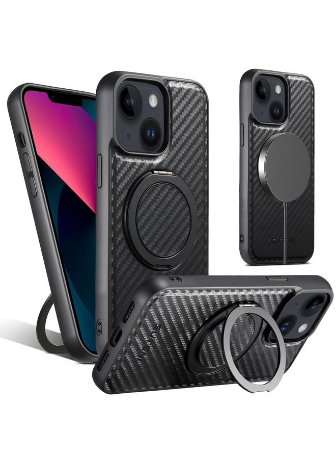 Suteni Case For iPhone 13 G3 Carbon Fiber Leather 360 Rotation Holder MagSafe Phone Case - Image 1