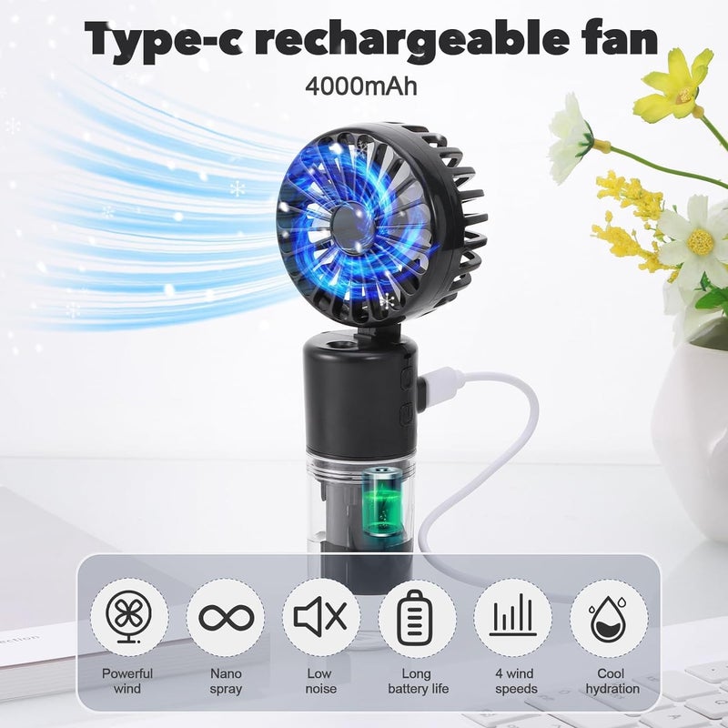 Fohome Handheld Fan Portable Fan, Rechargeable Mini Mister Fan 4 Speeds & 20ml Spray & 90°Foldable Neck Fan for Travel Camping Outdoor (black) - Image 4