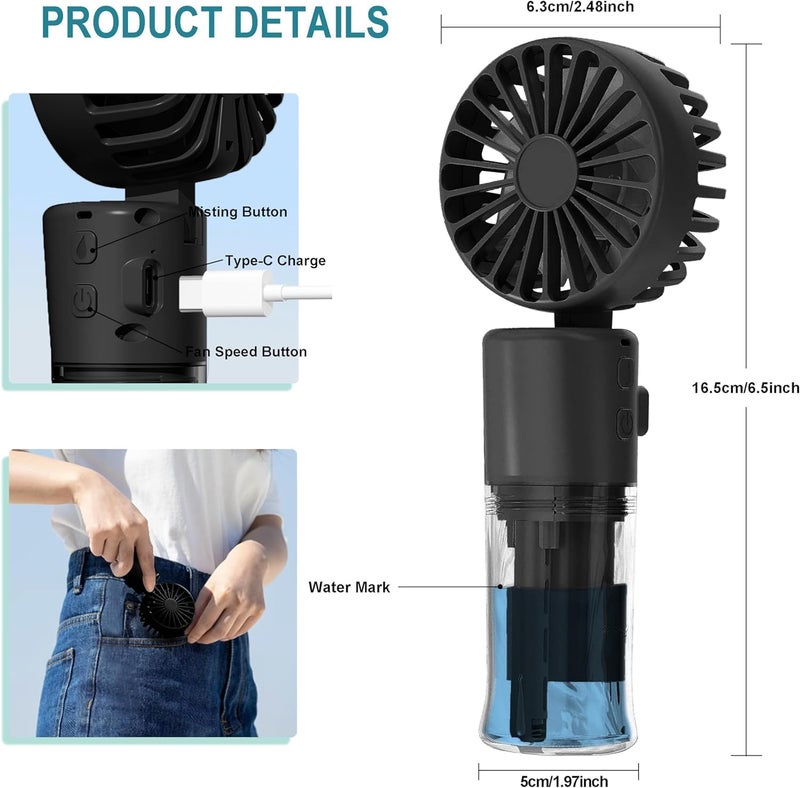 Fohome Handheld Fan Portable Fan, Rechargeable Mini Mister Fan 4 Speeds & 20ml Spray & 90°Foldable Neck Fan for Travel Camping Outdoor (black) - Image 3
