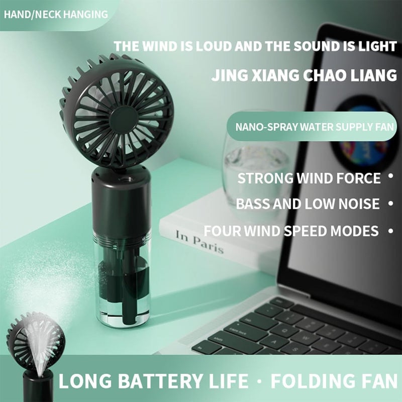 Fohome Handheld Fan Portable Fan, Rechargeable Mini Mister Fan 4 Speeds & 20ml Spray & 90°Foldable Neck Fan for Travel Camping Outdoor (black) - Image 2