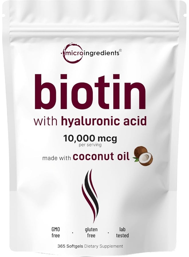 Micro Ingredients Biotin 10,000mcg w/Hyaluronic Acid 25mg | 365 Virgin Coconut Oil Softgels - Image 1