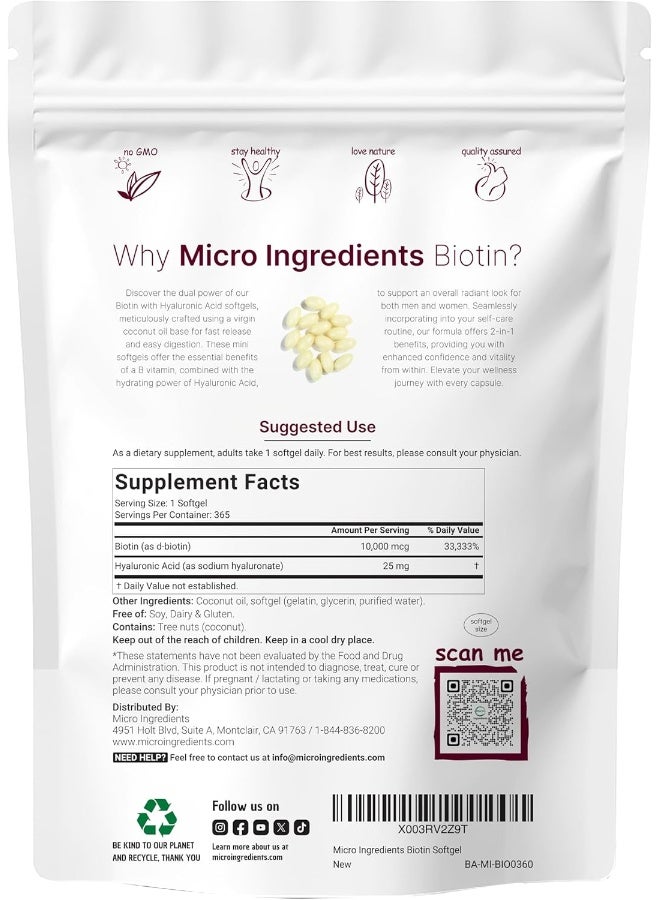 Micro Ingredients Biotin 10,000mcg w/Hyaluronic Acid 25mg | 365 Virgin Coconut Oil Softgels - Image 2