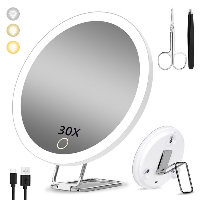 MAGNIFYING MIRROR WITH LIGHT 30X LARGE 6 RECHARGEABLE 3 COLORS MODES DIMMING LIGHTED MAKEUP MIRROR WITH 30X MAGNIFICATION LED TRAVEL MAGNIFIED MIRROR WITH 3 SUCTION CUPS AND 360 TABLE STAND