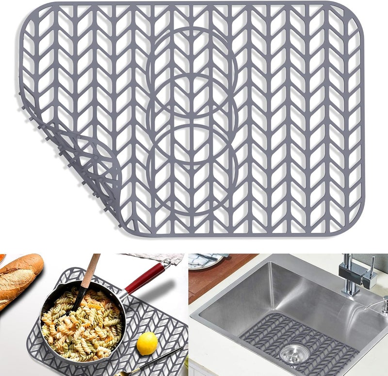 GUUKIN Sink Protectors for Kitchen Sink 19x13 & 24x12.5 & 13x11 & 26x14 & 28x14 & 29x15, Large Silicone Mats Grid for Bottom of Farmhouse Stainless Steel (19x12.5 with 3 Reserved Holes) - Image 1