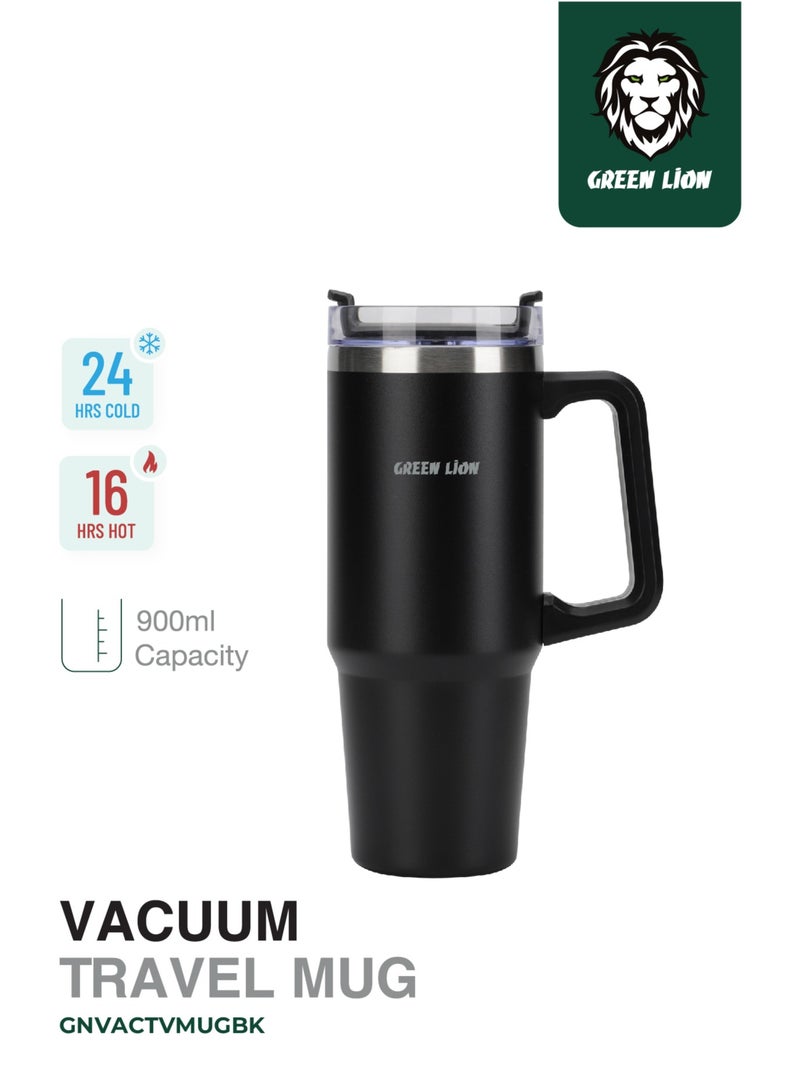 GREEN LION Vacuum Travel Mug 900ml / Extra Wide Opening / Cupholder Friendly / Comfy Handle - Black - Image 1