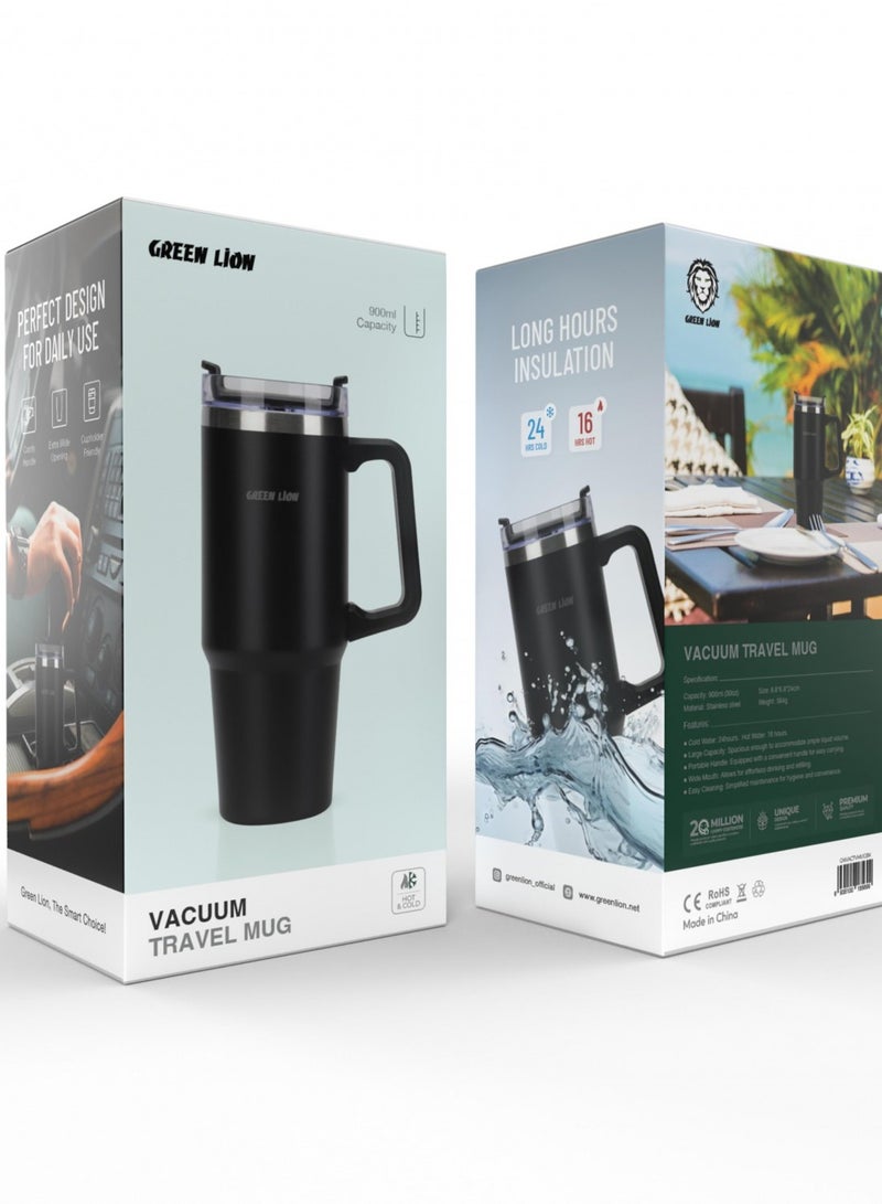 GREEN LION Vacuum Travel Mug 900ml / Extra Wide Opening / Cupholder Friendly / Comfy Handle - Black - Image 3