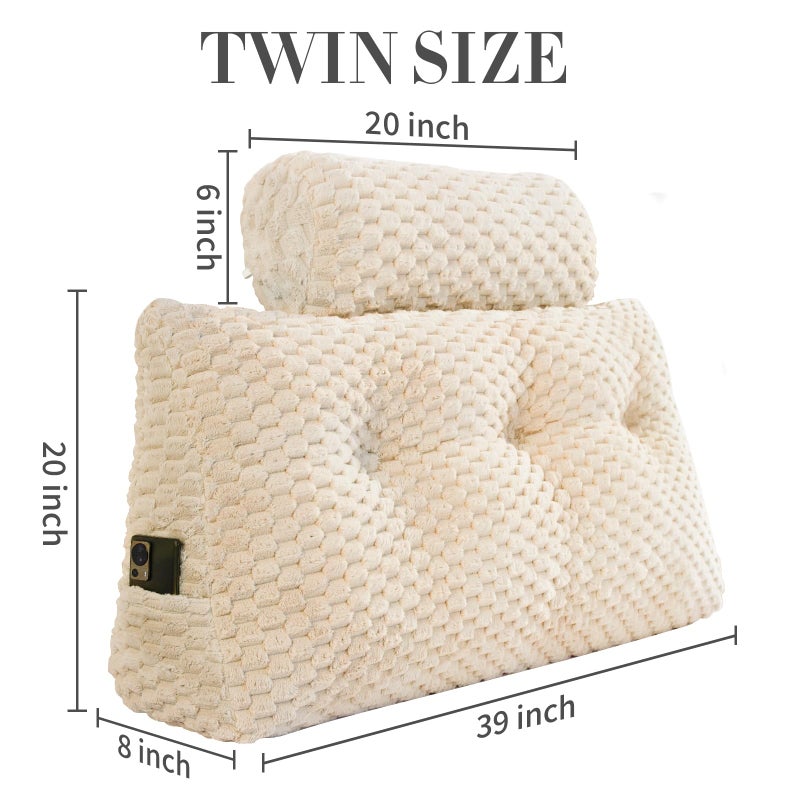 EUHAMS Wedge Headboard Pillow - Bed Wedge Pillow for Headboard Triangular Headboard Pillow with Neck Roll Pillow-Large Bolster Pillow for Sitting in Bed Backrest Positioning Support (Beige,39x8x20 Inches) - Image 2