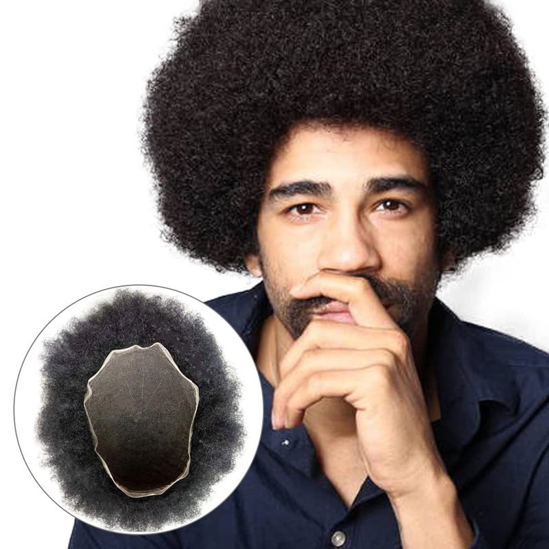 Amiable Afro Curl Toupee for Black Men Human hair replacement system hair piece for men Hair Pieces for men Full French Lace mens toupee 8×10 Inches, Off Black Color 1B